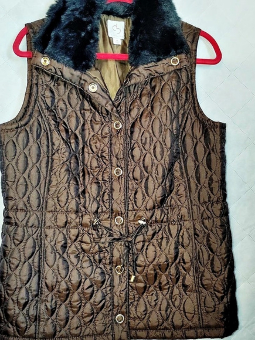 Charming Charlie Women's Quilted Faux-Fur Collar Vest in Brown Medium Like New